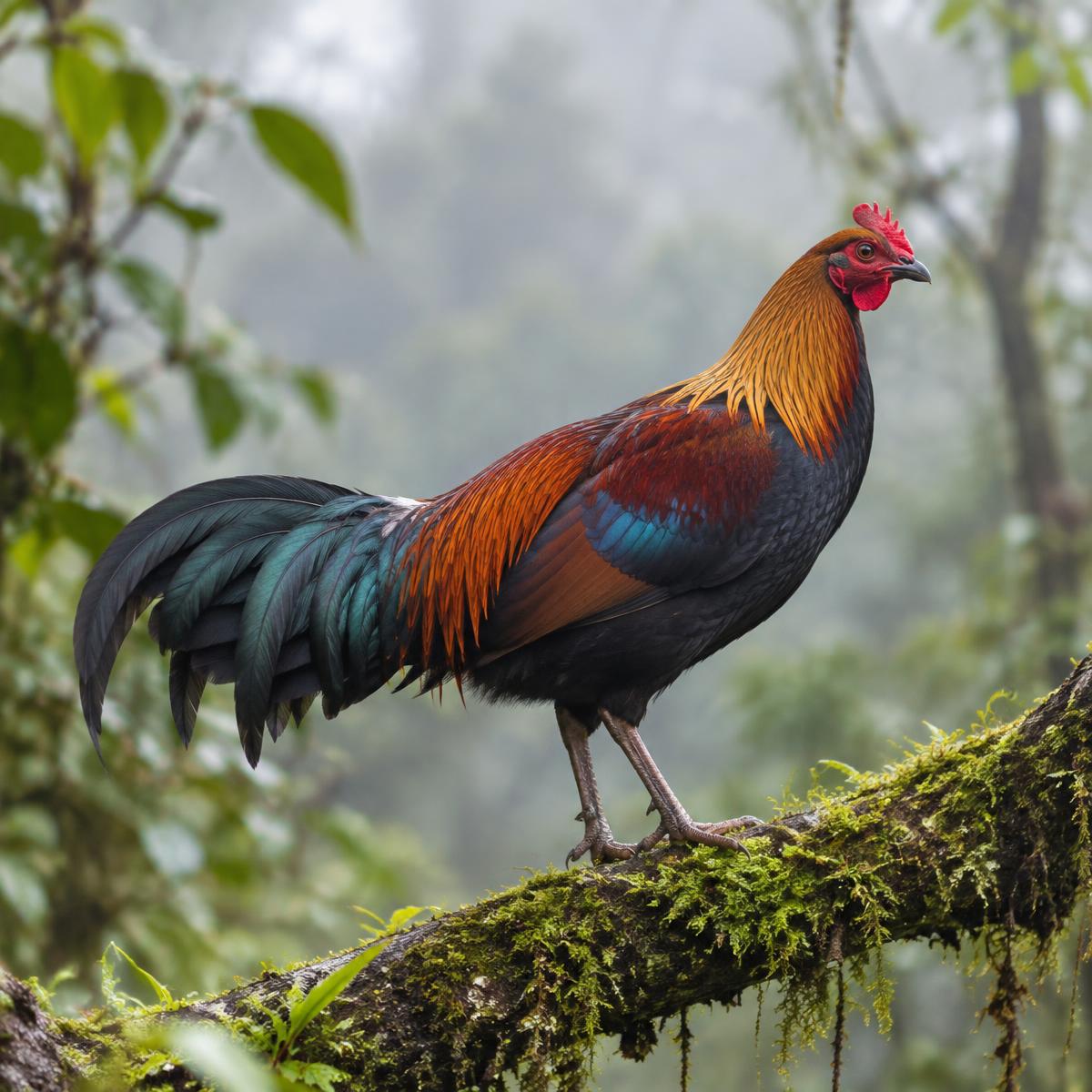 Sri Lanka junglefowl on a mossy branch
